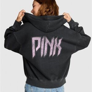 Ivy fleece campus zip gray Black Hoodie bling crystal Victoria’s Secret PINK L